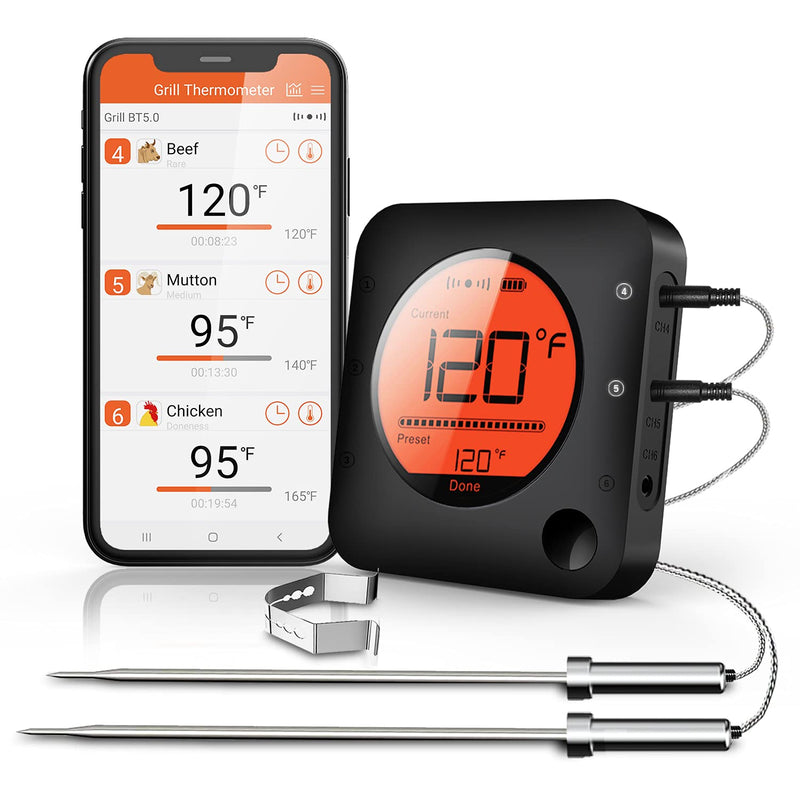 BFOUR Meat Thermometer Wireless Bluetooth, LCD Digital Meat Thermometer with Dual Probe, Wireless Remote BBQ Thermometer for Smoker Kitchen Cooking Grill Thermometer for Grilling BBQ Oven 2 x Probes