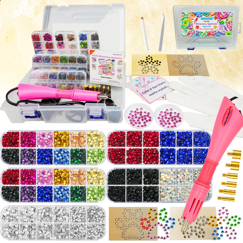 Hotfix Rhinestones Applicator Bedazzler Hot Fix Applicator Tool Kit with Crystals Gems 8600Pcs for Bedazzling Clothes Clothing Fabric Bedazzle, Heat Bedazzled Diamond Pen Setter Iron on Wand with Tips Pink - Hotfix tool with 8600 gems