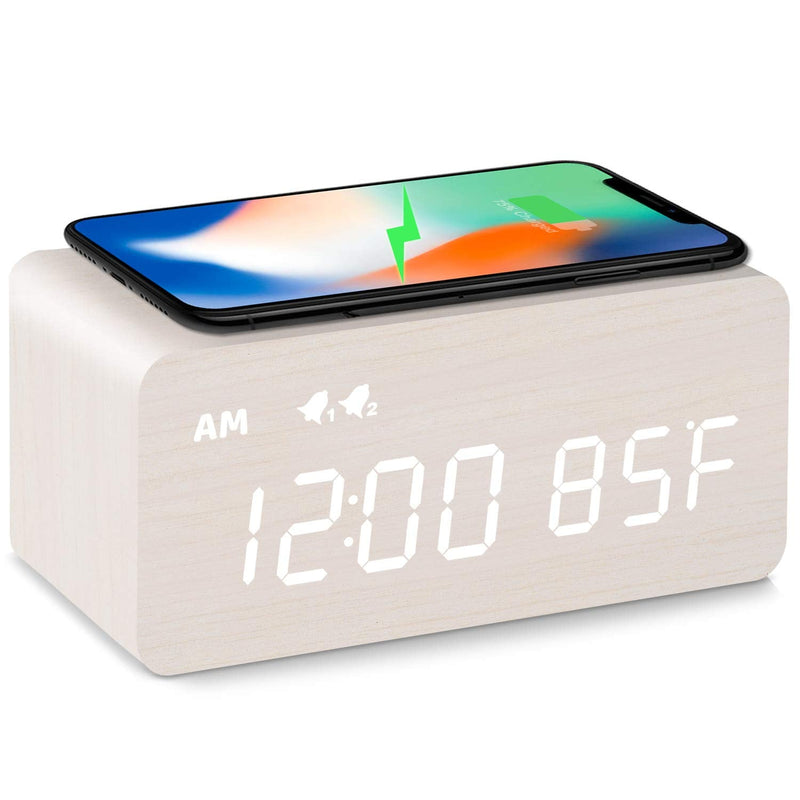 MOSITO Digital Wooden Alarm Clock with Wireless Charging, 0-100% Dimmer, Dual Alarm, Weekday/Weekend Mode, Snooze, Wood LED Clocks for Bedroom, Bedside, Desk, Kids (White) White