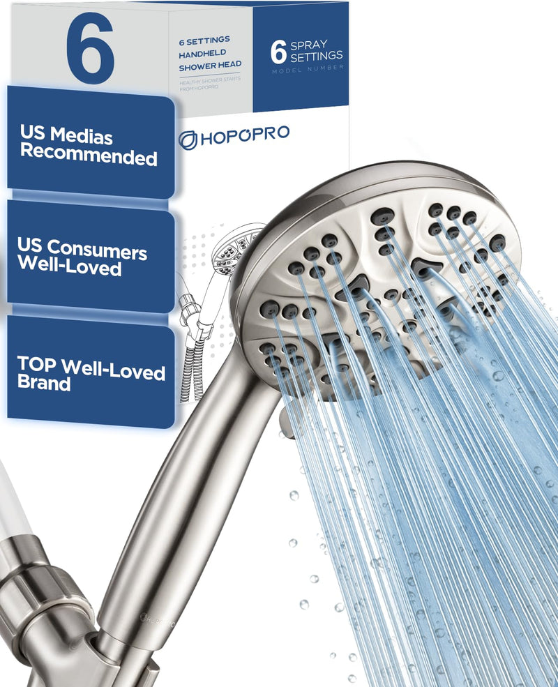 6-Mode High Pressure Handheld Shower Head Set, Consumer Reports Recommended HOPOPRO High Flow Hand Held Showerhead with 59 Inch Hose Bracket Teflon Tape Rubber Washers 6 Modes Brushed Nickel