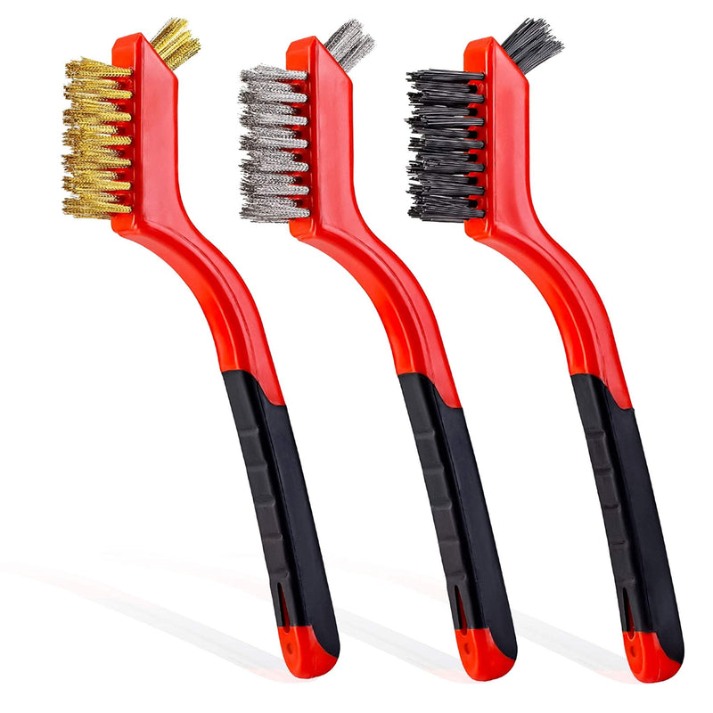 Wire Brush Set 3Pcs - Nylon/Brass/Stainless Steel Bristles with Curved Handle Grip for Rust, Dirt & Paint Scrubbing with Deep Cleaning – 7 Inches (Red) Red