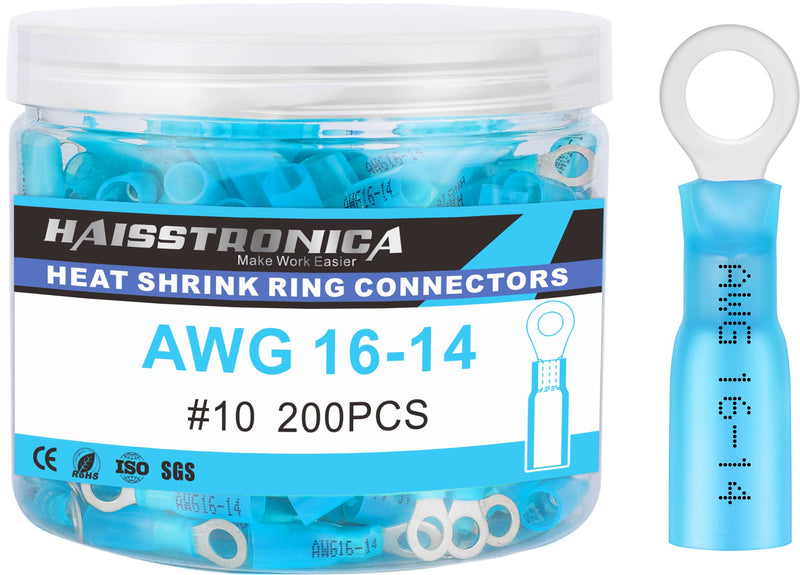 haisstronica 200PCS Heat Shrink Ring Terminals #10 Marine Grade Wire Connectors Blue AWG 16-14 Gauge, Tinned Red Copper 0.7mm Resistant Ring Connectors, Brazed-Seam Insulated Electrical Crimp Ring #10