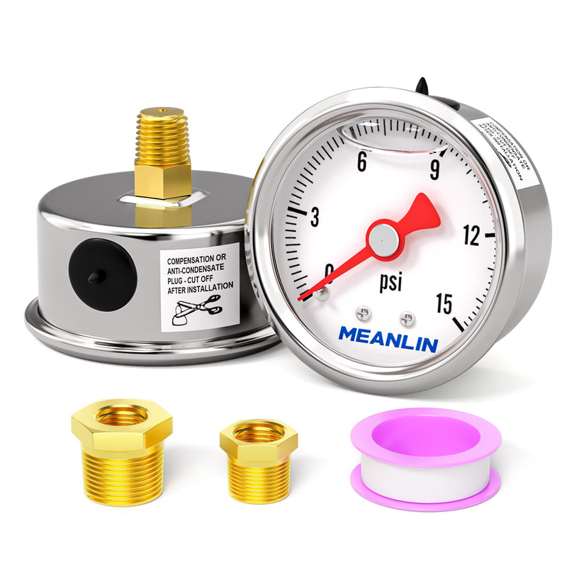MEANLIN MEASURE 0~15Psi Stainless Steel 1/8" NPT 1.5" FACE DIAL, Glycerin Filled Pressure Gauge, Liquid Filled, Water Oil Air, Back Mount, with 1/8" x 1/4" NPT and 1/8" x 3/8" NPT Hex Bushing 0-15Psi