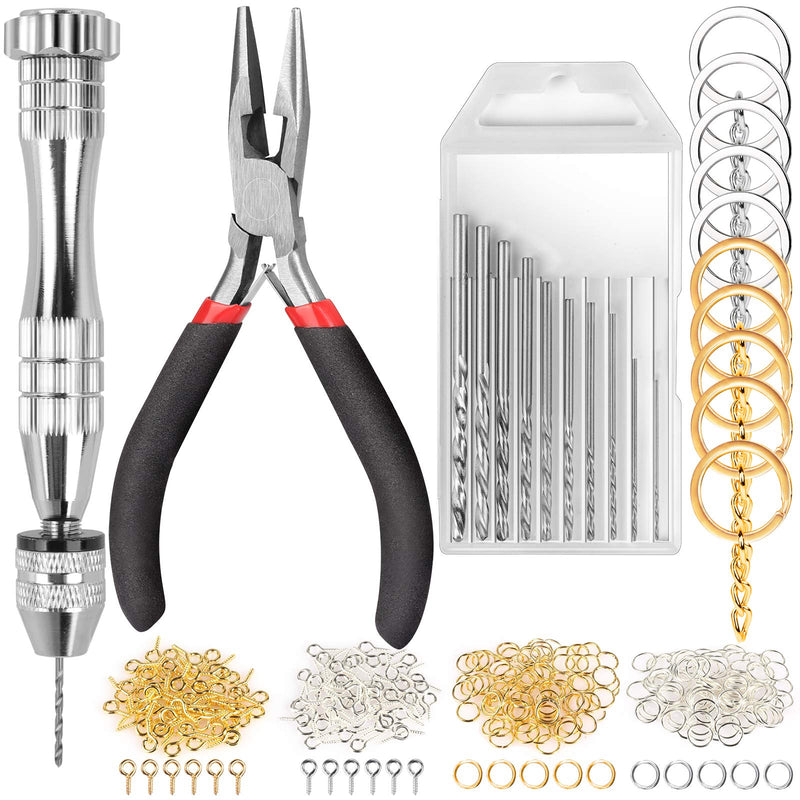 LEOBRO Hand Drill, 222 PCS Pin Vise Hand Drill with Drill Bits(0.8 mm-3 mm), Needle Nose Pliers, Jewelry Making Supplies, Keychain Making Kit, Hand Drill Tools for Jewelry Keychains Making