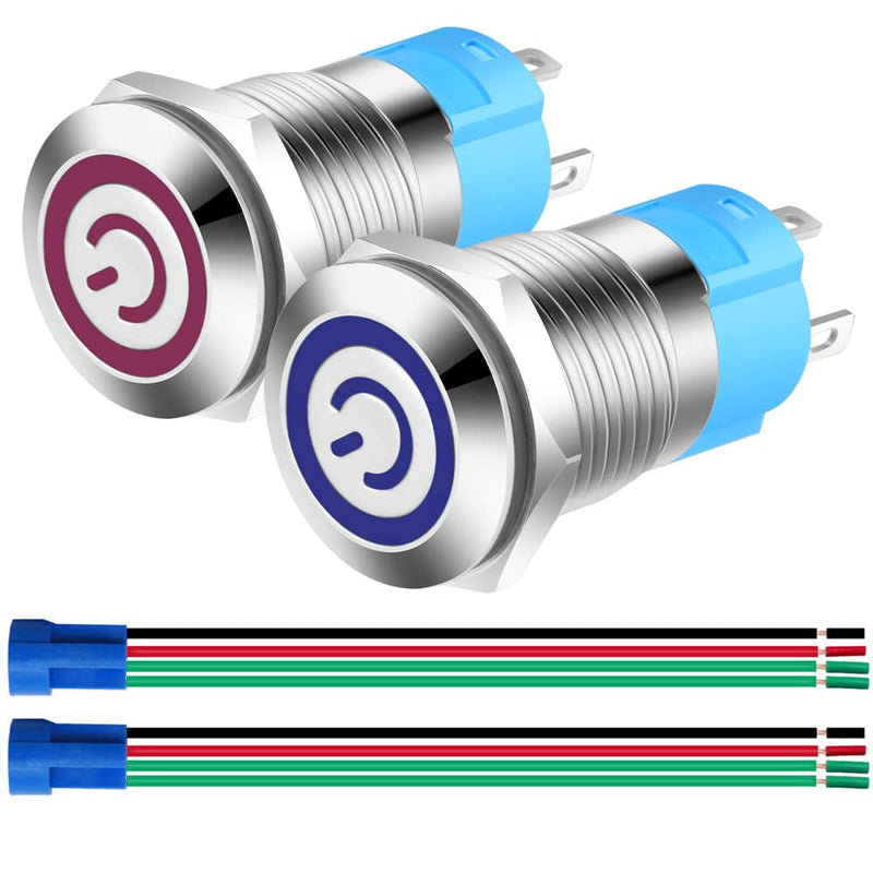 2pcs 0.47"/12mm Stainless Steel Self-locking Latching Push Button Switch 12V-24V 3A Power Symbol LED Normally Open SPST ON Off Waterproof Toggle Switch with Wire Socket Plug (Blue+Red) Blue&Red-Latching