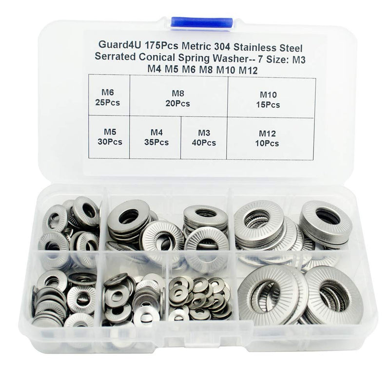 175Pcs Metric 304 Stainless Steel Serrated Conical Spring Washer/Conical knurled Spring Washer/Belleville Washer Assortment Kit- 7 Size: M3 M4 M5 M6 M8 M10 M12