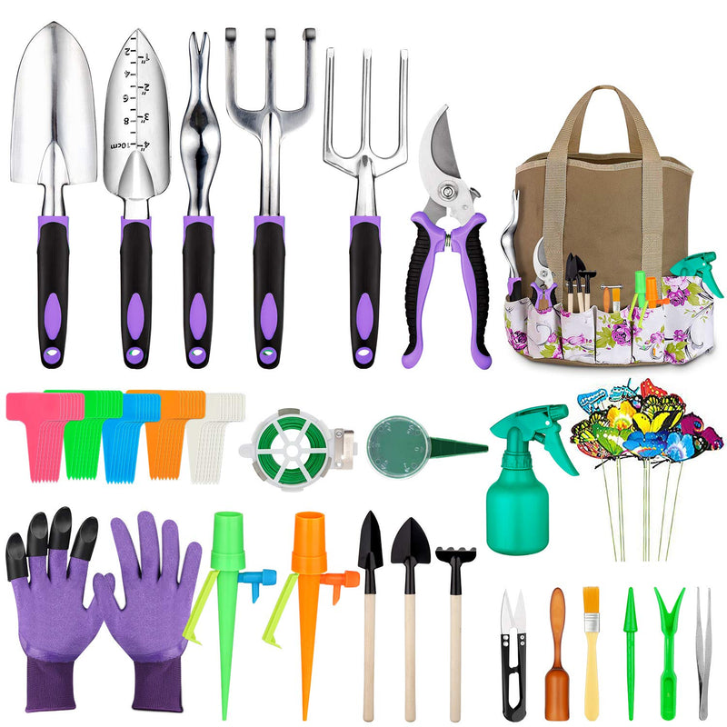 Garden Tools Set 83 Piece, Succulent Tools Set Included, Heavy Duty Aluminum Gardening Tools for Gardening, Non-Slip Ergonomic Handle Tools, Storage Tote Bag, Gifts Tools for Women Purple
