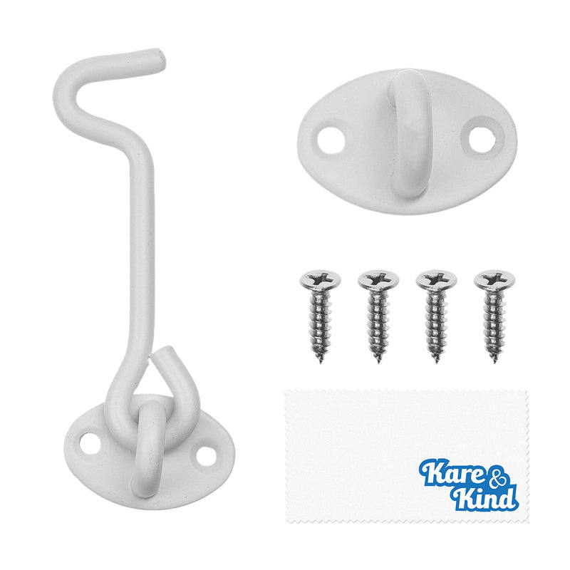 Kare & Kind 1x Hook and Eye Latch (4-inch) - with Mounting Screws - Heavy Duty Locks for Door, Gates, Barns, Bathrooms, Cabins - Powder Coated Anti-Rust Material - for Security and Privacy - (White) White - 4 Inch