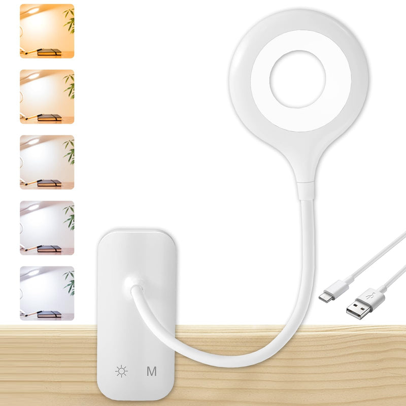CUHIOY Clip on Reading Light for Bed Headboard, Rechargeable Battery Clamp on Bunk Bed Light, 5 Colors 5 Brightness Flexible Neck Desk Lamp, Eye Protect LED Touch Control Book Lights at Night for Kids 1Pack White