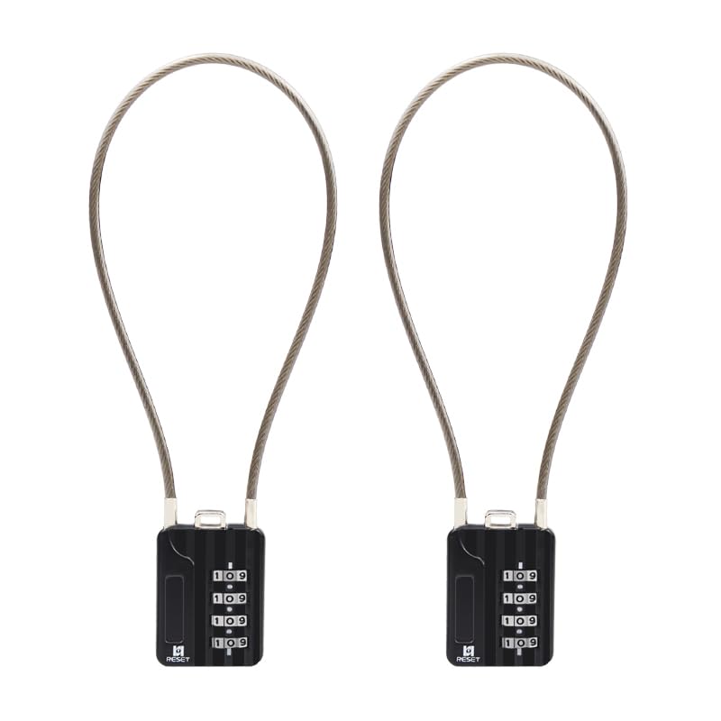 RESET-200 4 Digit Combination Padlock with 12 inches Steel Cable,Cable Lock for Locker Luggage Suitcase Gun Case Toolbox Helmet Black,2 Pack 2 30cm(12 inch Cable)