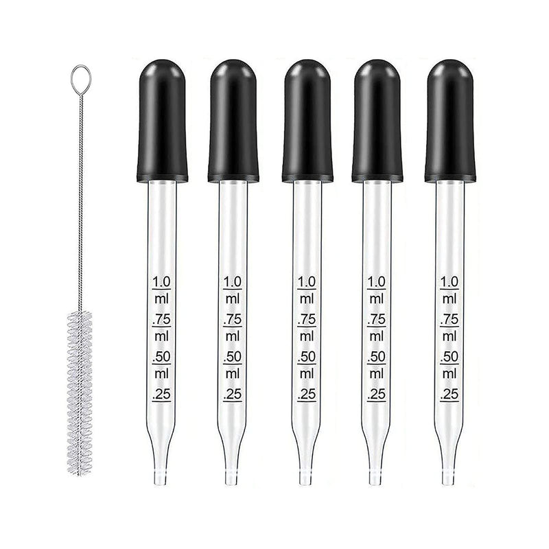 Eye Dropper for Essential Oils, Pipettes Dropper with Black Rubber Head, Calibrated Thick Glass Medicine Dropping Pipettes, 1ml Dropper Measurer, Dropper for Liquids, Straight-Tip, Bent-Tip, 5 Packs Straight Tip