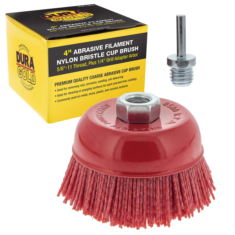 Dura-Gold 4" Abrasive Filament Nylon Bristle Cup Brush - Coarse Sanding Scuffing Brush, 5/8" 11 Thread, 1/4" Drill Arbor - Remove Rust, Corrosion, Paint - Surface Prepping for Truck Bed Liner Coatings 4-inch
