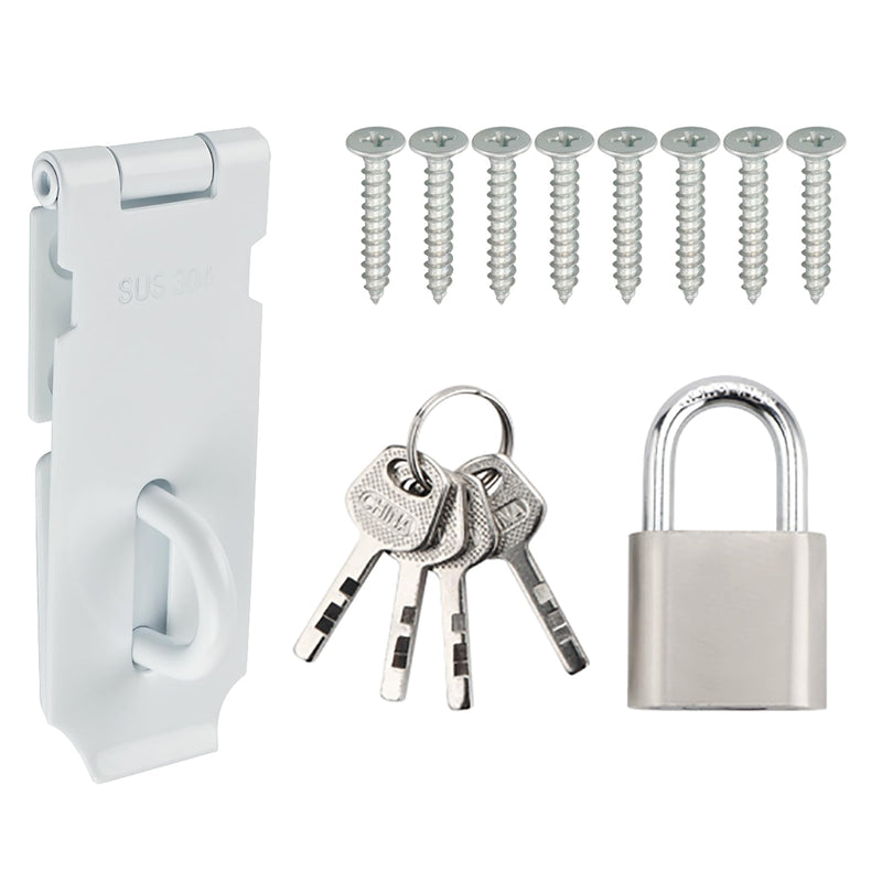 Alise Hasp Lock with Padlock,Door Hinge Lock Padlock,Clasp Hasp Latch Hinges Lock for Doors,4 Inch SUS 304 Stainless Steel Chest Latches Set,White Finish,MST009-W 4 Inch White