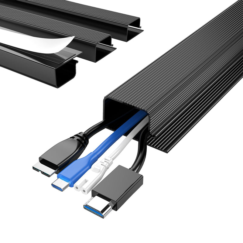 4 Pack Delamu Cable Management Under Desk- J Channel Cable Raceway, 62.8'' Cord Cover Hider- Self Adhesive Cord Cable Organizer for Desk Wire Management- Cable Management Tray, 4X15.7'', Black