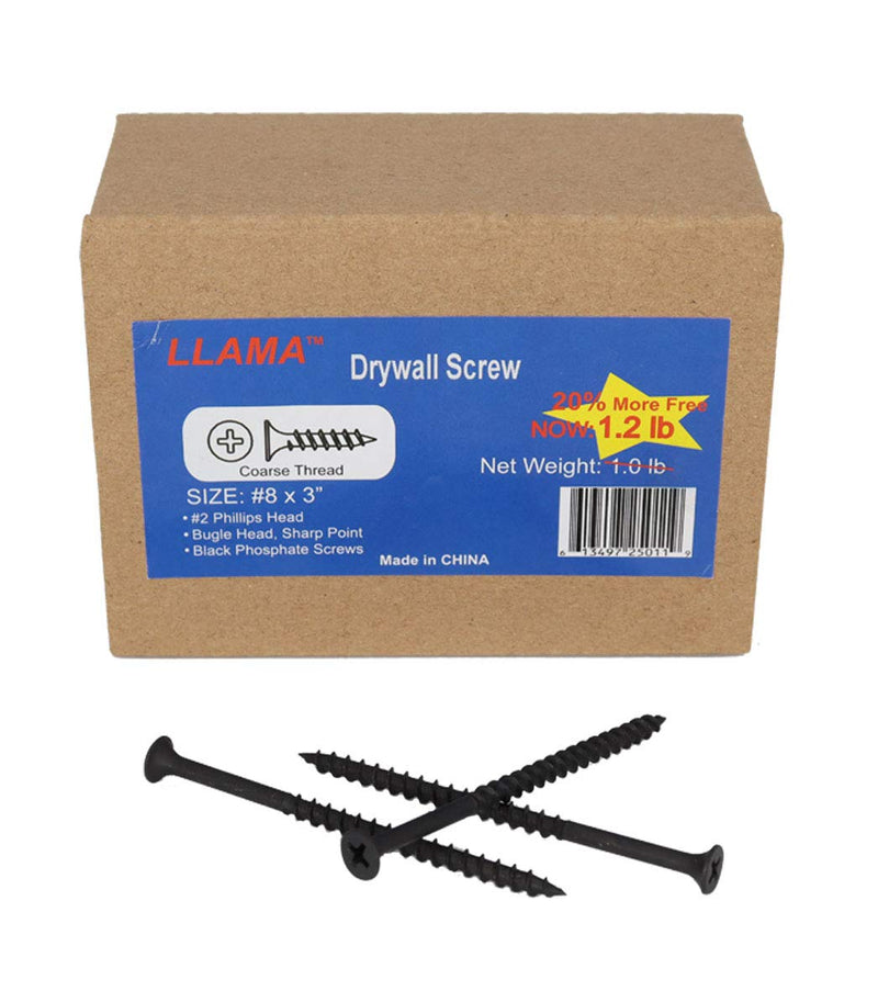 LLAMA Fastener Drywall Screws #8x3” - Coarse Threaded Black Phosphate Screws, Pay 1.0LB Now GET 1.2LB