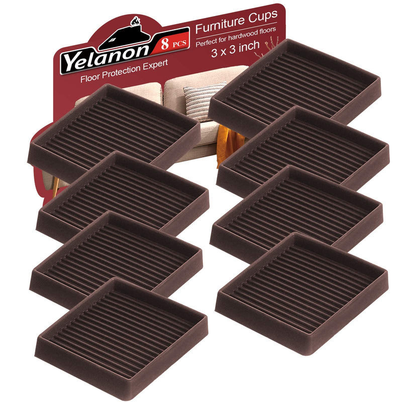 Yelanon Furniture Coasters,8 Pcs 3” Furniture Caster Cups - Non Slip Furniture Pads Hardwoods Floors - Non Skid Furniture Grippers, Rubber Feet, Anti Slide Floor Protector for Bed Couch Stoppers Brown 8pcs 3" Square