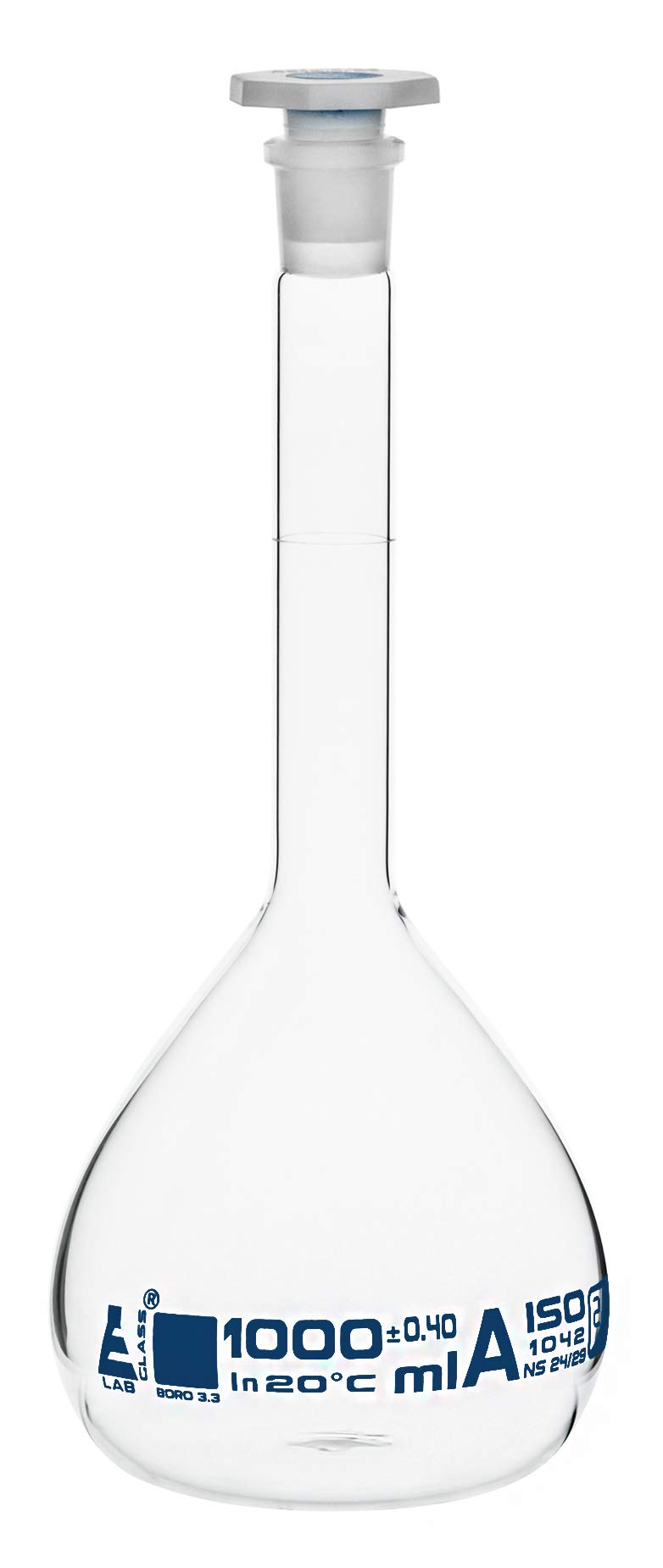 EISCO Volumetric Flask, 1000ml - Class A - Tolerance ±0.40ml - Interchangeable, 24/29 Polypropylene Stopper - Single, White Graduation - with Individual Work Certificate - Borosilicate Glass