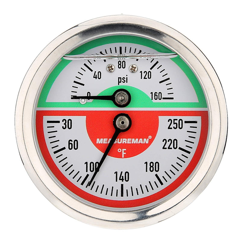 MEASUREMAN Tridicator, Thermo-Manometer, 2-1/2", Silicone Oil Filled, 0-160psi/30-250 deg F, Stainless Steel Case, 1/4" NPT Back Mount Back Mount-Liquid Filled