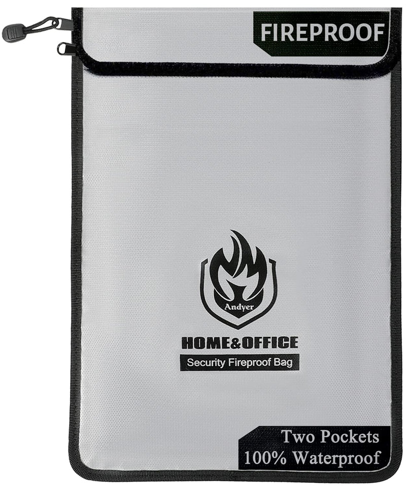 Upgraded Two Pockets Fireproof Document Bag (2000℉), andyer 15”x 11”Waterproof Fireproof Money Bag for Cash with Zipper, Important Document Storage Organizer for Valuables, Legal Documents Safe Grey