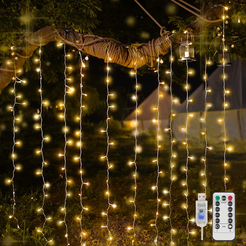 suddus Curtain Lights for Bedroom, 200 Led Hanging String Lights Outdoor, Fairy Curtain Lights Indoor for Christmas, Dorm, Wall, Backdrop, Window, Wedding, Party, Brithday Decor, Warm White USB-200 LED
