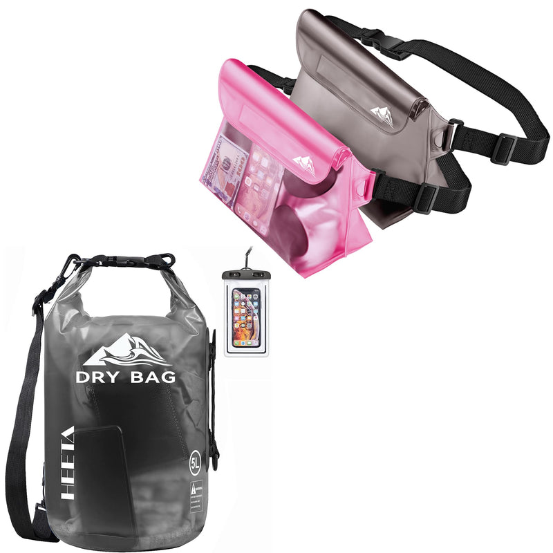 HEETA Waterproof Dry Bag for Women Men (Transparent Black 5L) Bundled with 2-Pack Waterproof Pouch with Waist Strap (Pink & Grey)