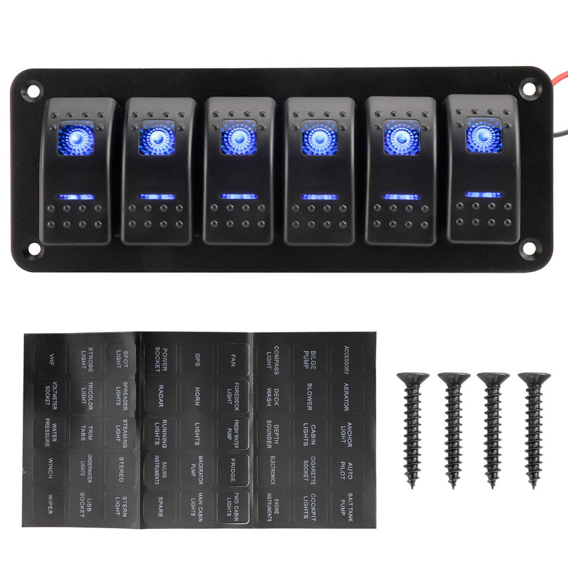 Amarine Made 12-24V Boat Switch Panel Illuminated Rocker Switch Aluminum Pre-Wired Panel 6 Gang Toggle Switches Dash 5 Pin ON/Off 2 LED Backlit for Bus Boat Car Marine Blue LED IP65 (6 Gang)
