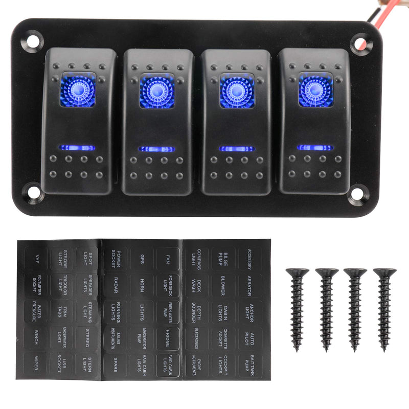 Amarine Made 12-24V Boat Switch Panel Illuminated Rocker Switch Aluminum Pre-wired Panel 2,3,4,5,6,8 Gang Toggle Switches Dash 5 Pin ON/Off 2 LED Backlit for Bus Boat Car Marine Blue LED IP65 (4 Gang)