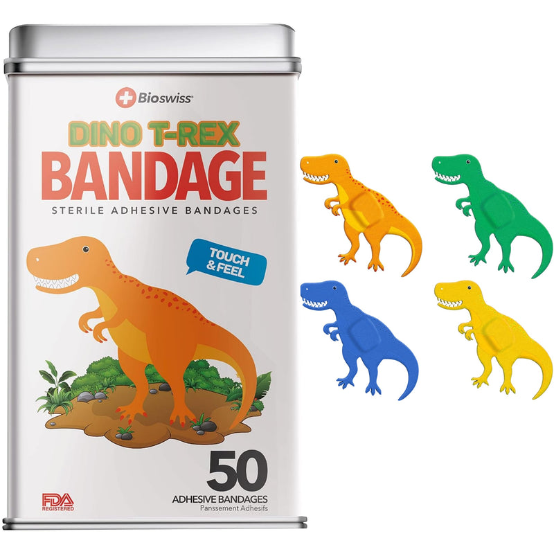 BioSwiss Bandages, Dinosaur Shaped Self Adhesive Bandage, Latex Free Sterile Wound Care, 50 Count 50 Count (Pack of 1)