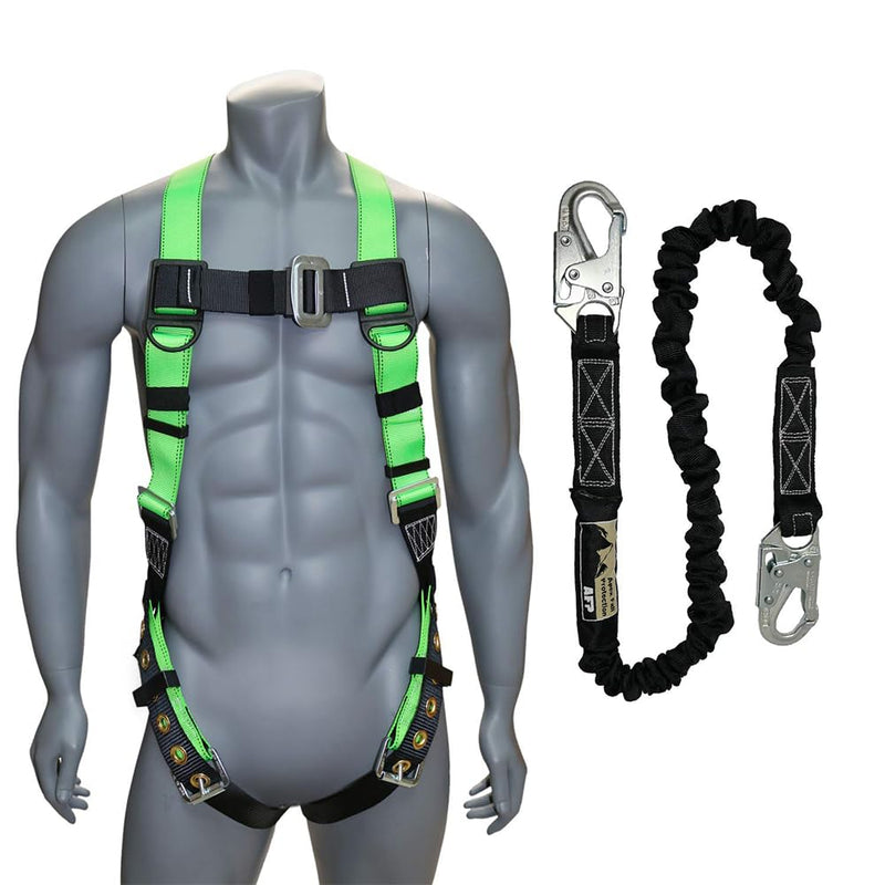 AFP Universal Full-Body Safety Harness w/Dorsal D-Ring Tongue Buckle Legs High-Viz Green, Shock Absorbing Lanyard (OSHA/ANSI) 1 Pack Harness + Single Leg Lanyard W/ Snap Hooks - NewNest Australia