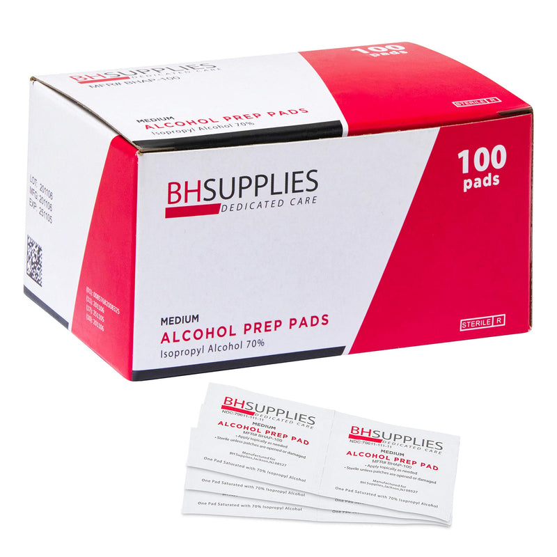 BH Supplies Alcohol Prep Pads | Medical Grade, Sterile, Individually Wrapped, 70% Isopropyl Alcohol, Medium 2-Ply, 100-Pack 100 Count (Pack of 1)