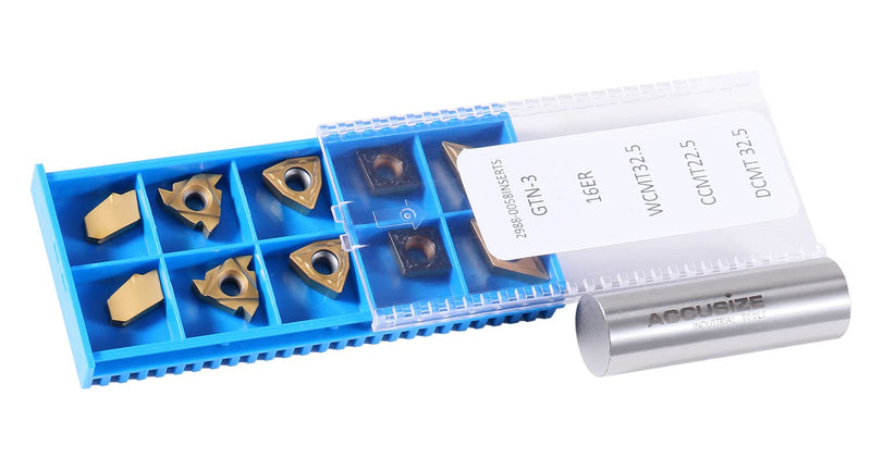 Accusize Industrial Tools 2 Pc of Each Kind of Carbide Inserts for 2988-0058, Tin Coated, Total 10 Pieces, 2988-0058Inserts | 2 Each of 16ER, GTN-3, WCMT32.5, CCMT32.5, and DCMT32.5; TiN and CVD Coated for Steel, 2988-0058INSERTS
