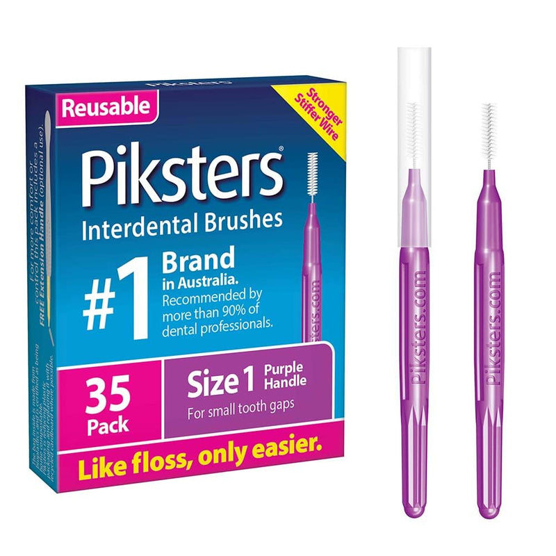 Piksters Interdental Brushes, 35 pk, Size 1, Interdental Tooth Brush for Tight Gaps, Gum Soft Bristles for Plaque Removal, Safe for Braces 35 Count (Pack of 1) Size 1 (Purple)