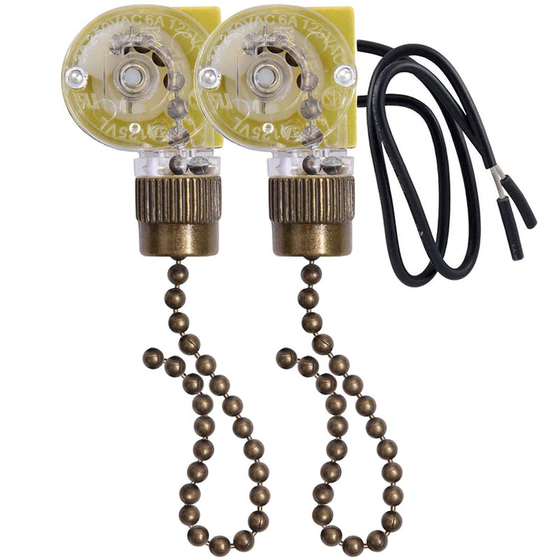 Ceiling Fan Light Switch Zing Ear ZE-109 Two-Wire Light Switch with Pull Cords for Ceiling Light Fans Lamps and Wall Lights Pull Chain Switch Control Replacement On-Off,2 Pcs Bronze