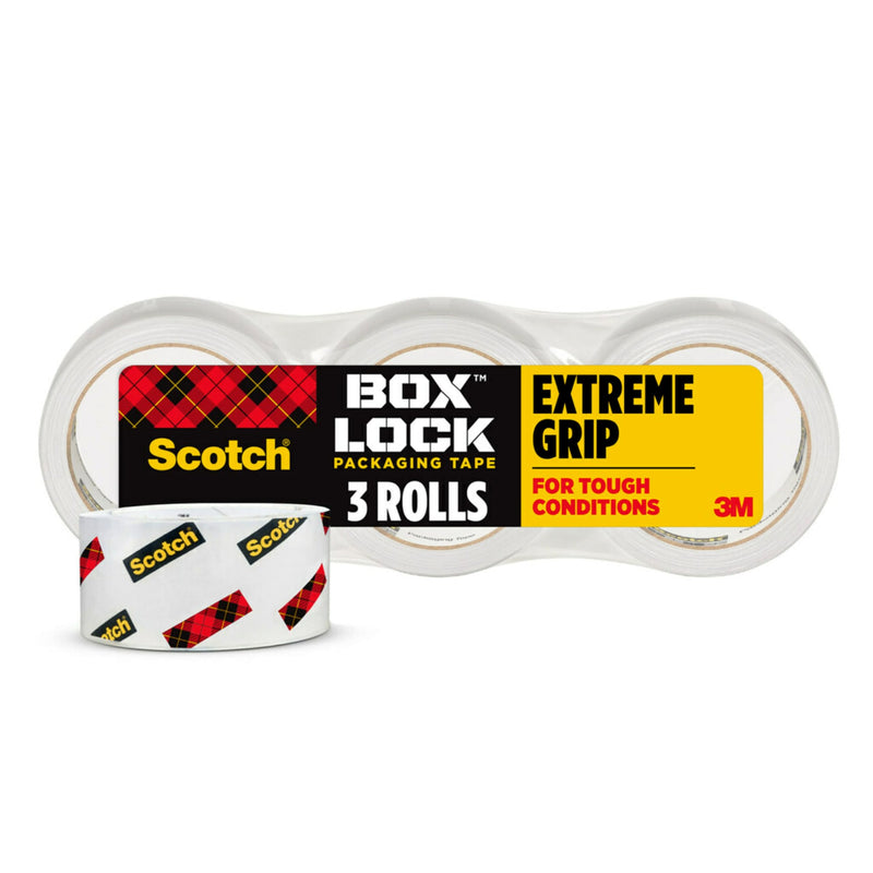 Scotch Box Lock Packing Tape, Clear Packaging Tape, Extreme Grip Box Tape for Holiday Shipping, 1.88 in. x 54.6 yd, 3 Rolls, Tape Dispenser not Included