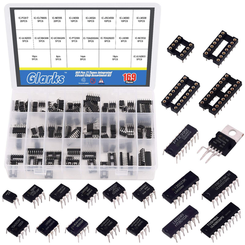 Glarks 169Pcs IC Chip Assortment opamp, oscillator, pwm, PC817, NE555, LM358, LM324, JRC4558, LM393, LM339, NE5532, LM386, TDA2030, TDA2822, PT2399, UC3842, UC3843, ULN2003, ULN2803