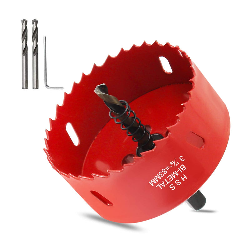 Hordion 83mm/3 1/4 inch Hole Saw Bi-Metal Saw Drilling Tool with Twist Drill Bit & L Hex Wrench for Cornhole Boards Wood Plasterboard Plywood Plastic 83mm / 3 1/4" Red