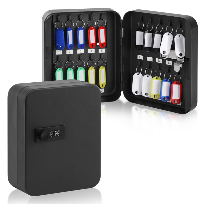 KYODOLED 20 Key Storage Lock Box with Code, Key Cabinet Organizer Wall Mount with Combination Lock, Hooks & Labels for Home, Office & Rental Properties, 7.87 x 6.3 x 3.14 in, Black Black With Combination Lock