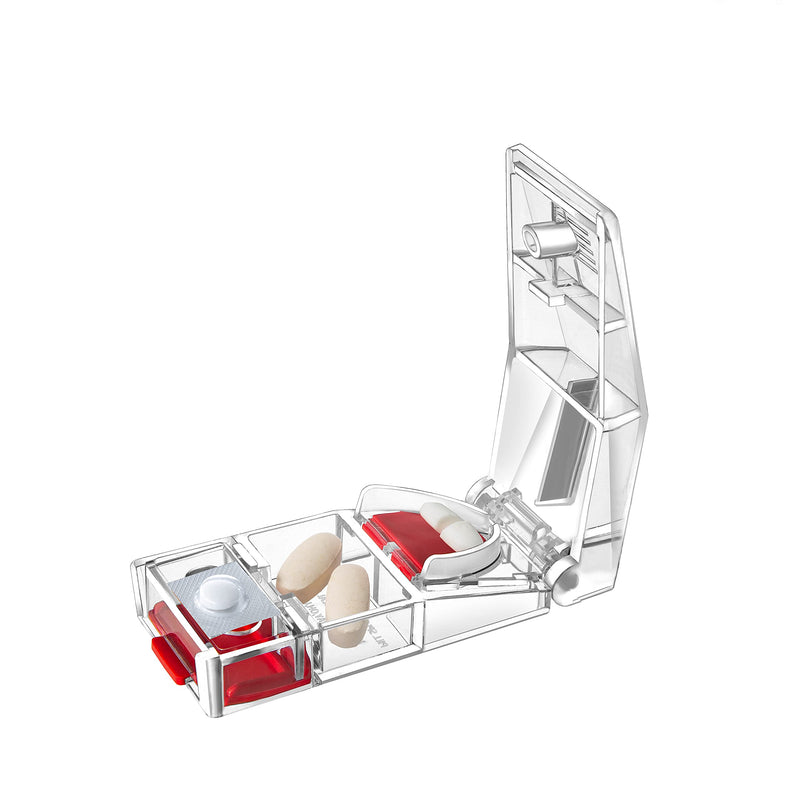 MAXSPLIT Pill Splitter and Cutter with Pill Puncher - Cuts Small and Large Pills, Vitamins, or Tablets with Stainless Steel Blade - Non-Slip Press Point Pill Splitter (Red)