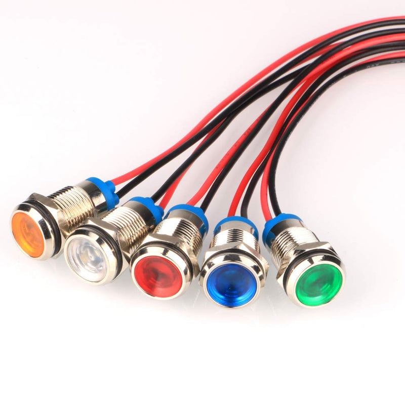 5pcs 10mm AC/DC 12-24V LED Metal Indicator Light Waterproof Signal Lamp Pilot Dash Directional Car Truck Boat with Wire Multicolored AC/DC 12-24V