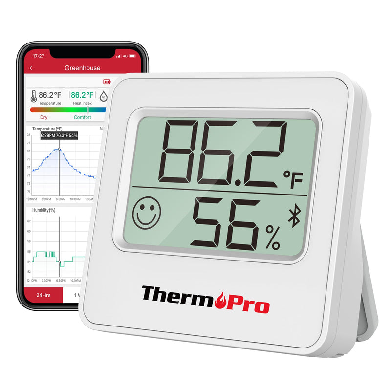 ThermoPro TP357 Digital Hygrometer Indoor Thermometer of 260FT, Bluetooth Thermometer Humidity Meter with Smart App, Room Thermometer Humidity Gauge with Temperature Humidity Sensor 1 White