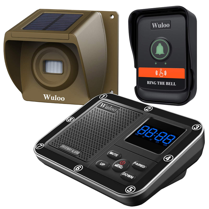 Wuloo Wireless Doorbells for Home, Solar Driveway Alarm, Multifunctional Wireless Home Security System, Rechargeable Battery/Weatherproof/Mute Mode/Clock and Alarm (1 Receiver 1 Sensor 1 Doorbell) 3 units set