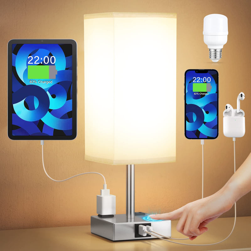 【Upgraded】Bedside Table Lamp Touch Control, with USB C+A Charging Ports & Dual AC Outlets, 3-Way Nightstand Lamp for Bedroom with LampShade Living Room Office(LED Dimmable Bulb Included) Gray & Silver 14.0in
