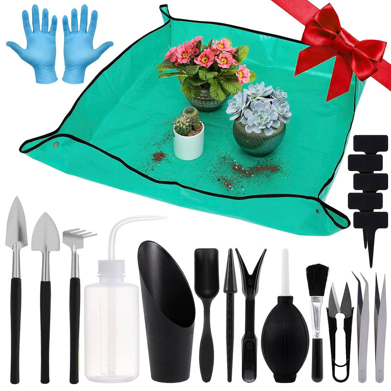 20 pcs Succulent Tool Set - 39.4" Indoor Plant Repotting Mat and 19 Pcs Mini Succulent Hand Tools, Garden Flower Plants Transplanting Supplies for Christmas Holiday Gardening Gifts Outdoor, Green