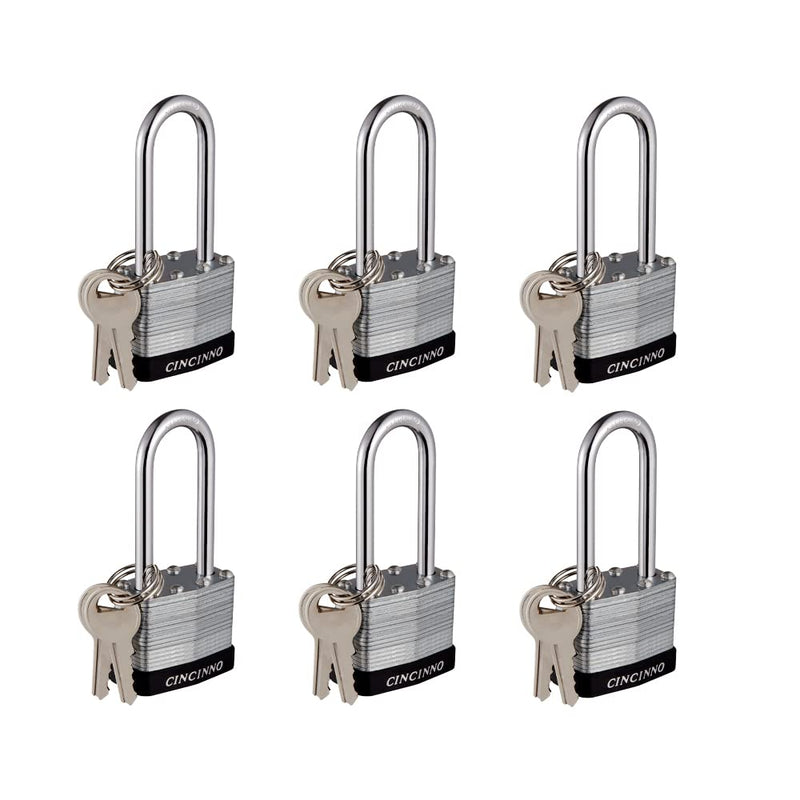 Laminated Steel Padlock with Key，6 Pack Keyed Alike Padlocks with Long Shackle 6 Pack