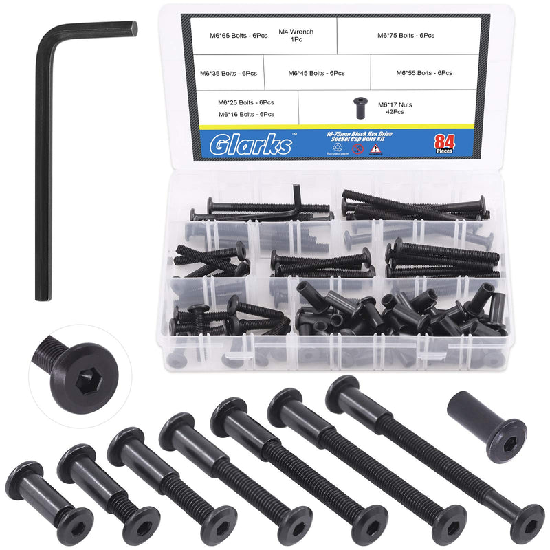 Glarks 85Pcs M6x16/ 25/35/ 45/55/ 65/ 75mm Black Hex Drive Socket Cap Bolts Kit, Allen Head Countsunk Furniture Crib Bolts Nuts Screws for Chair Table Cabinets M6x16/25/35/45/55/65/75mm