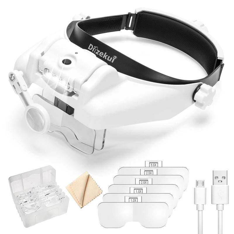Headband Magnifying Glass with Light, Rechargeable Head Magnifying Glasses 1X to 14X, Magnifier Headset with 6 Detachable Lens, Hands Free Head Mount Magnifier for Close Work Jewelry Crafts 1x-14x Head Mount Magnifier