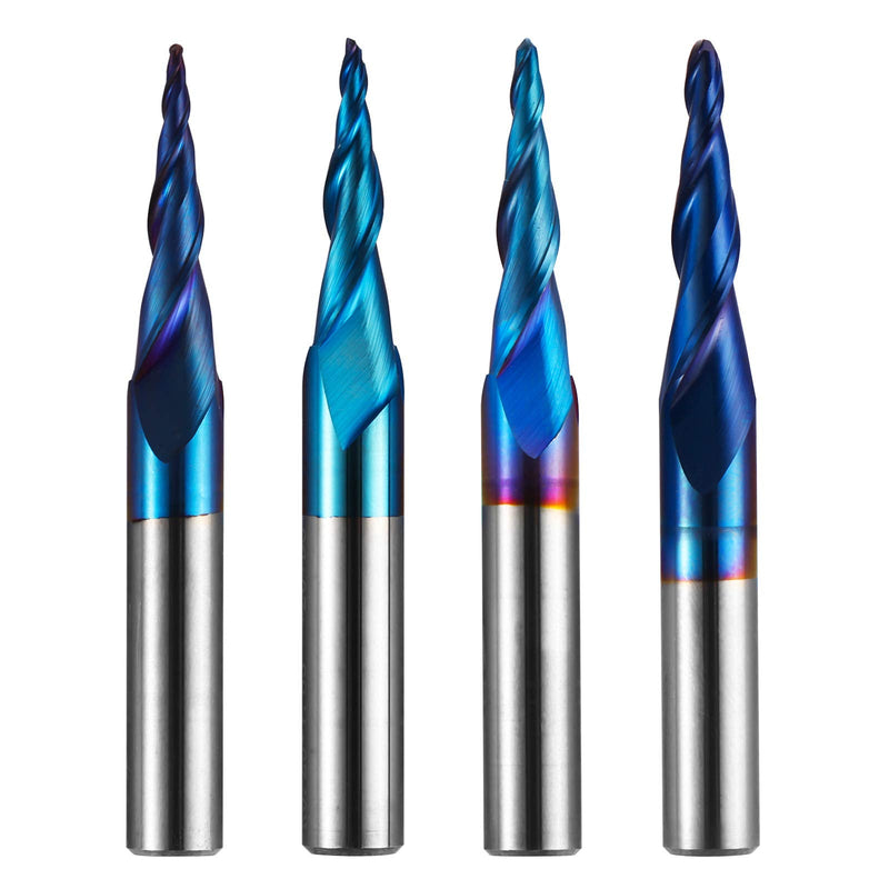 4pcs 2-Flute Tapered Ball Nose Spiral End Mill, Nano Blue Coating Tungsten Carbide CNC Router Bits, 2D and 3D Engraving Carving Woodworking Bits, R0.25-1.0, 1/4'' Shank, TB04B
