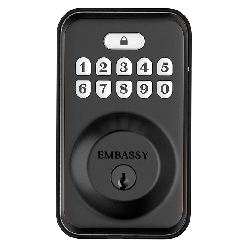 Embassy Door Lock Electronic Keyless Entry with Antimicrobial Illuminated Keypad Security Deadbolt Lock 20 User Codes Auto and 1-Button Locking Front Door Garage or Office (US10b) Oil Rubbed Bronze