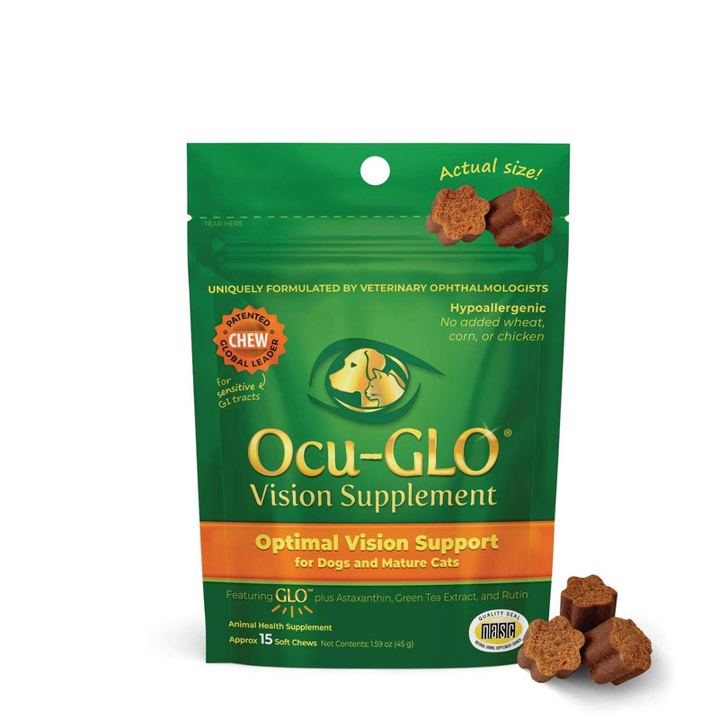 Ocu-GLO Cat & Dog Senior Supplement for Eye Support - Soft Chews Vision Vitamins Supplements for Large and Small Pets Care with Lutein, Omega-3 Fatty Acids, Grape Seed Extract & Antioxidants 15 Count (Pack of 1) - PawsPlanet Australia