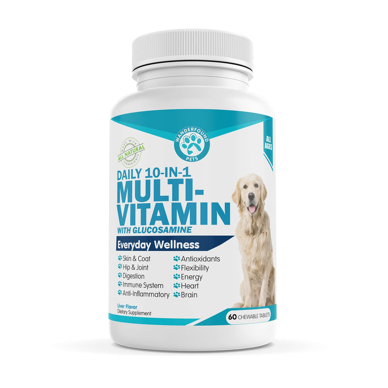 Wanderfound Pets 10-in-1 Dog Multivitamin, Chewable Dog Vitamins with Glucosamine, D3, and MSM, Dog Health Supplies for Immune System and Joint Health, Liver Flavor, 60 Tablets - PawsPlanet Australia